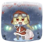  1girl bad_id blonde_hair blood christmas cold eiri_(eirri) english fang flandre_scarlet fur_trim goggles hat merry_christmas open_mouth pointing red_eyes sack santa_costume scarf side_ponytail snow solo star thigh-highs thighhighs touhou vampire wings 