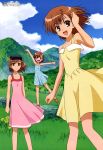  absurdres ahoge arm_up brown_eyes brown_hair cloud clouds dress goggles head_mounted_display highres ishikura_keiichi last_order megami misaka_imouto misaka_mikoto multiple_girls official_art open_mouth sandals short_hair siblings sisters sky sundress to_aru_kagaku_no_railgun to_aru_majutsu_no_index 