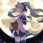  detached_sleeves full_moon hand_on_headphones hatsune_miku headphones hello_planet_(vocaloid) long_hair mattie moon plant potted_plant tears thigh-highs thighhighs torn_clothes twintails vocaloid 