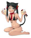  bad_id barefoot bell bikini black_hair cake cat_ears eating flat_chest food francesca_lucchini green_eyes highres long_hair maru_(maruttona) maruttona strike_witches swimsuit tail twintails 