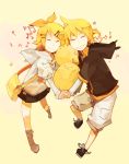  -_- ^_^ ahoge animal blonde_hair brother_and_sister chick closed_eyes female glider_(artist) grin guraida hair_ornament hair_ribbon hairclip holding_hands hood hoodie kagamine_len kagamine_rin male musical_note ponytail ribbon short_hair shorts siblings simple_background skirt smile twins vocaloid 