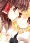  blonde_hair bow braid brown_eyes brown_hair close-up face face-to-face face_to_face hair_bow hair_tubes hakurei_reimu hands heart heart_hands heart_hands_duo kirisame_marisa multiple_girls profile side_braid touhou tsukasaki_aoi 