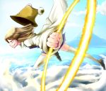  blonde_hair blue_sky chakram clenched_hand cloud clouds fist flying foreshortening grin hat hat_removed headwear_removed hoop moriya&#039;s_iron_rings moriya's_iron_rings moriya_suwako profile sky smile solo tama_go thigh-highs thighhighs touhou white_legwear white_thighhighs yellow_eyes zettai_ryouiki 