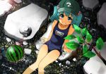  blue_eyes blue_hair branch collarbone food from_above fruit grin hair_bobbles hair_ornament hat kawashiro_nitori one-piece_swimsuit school_swimsuit short_hair sitting smile solo submerged swimsuit toichi touhou twintails water watermelon 