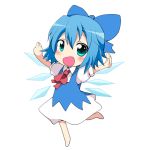  aqua_eyes bad_id barefoot blue_eyes blue_hair blush bow chibi cirno dress green_eyes hair_bow massala necktie open_mouth outstretched_arms short_hair skirt solo spread_arms tie tongue touhou wings 