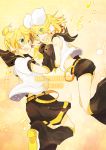  arm_warmers ascot belt blonde_hair bow brown_eyes detached_sleeves green_eyes hair_bow hair_ribbon happy_birthday headphones headset holding_hands kagamine_len kagamine_rin matsyumaro musical_note necktie open_mouth ribbon short_hair shorts siblings smile twins vocaloid 