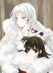  1girl age_difference black_eyes black_hair covering covering_face covering_mouth cuddle cuddling demon fur hexagon inuyasha lampnote17 long_hair one_side_up pointy_ears rin_(inuyasha) sesshoumaru slit_pupils white yellow_eyes 