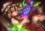  :p blonde_hair colored_eyelashes crystal cup eyelashes flandre_scarlet foreshortening glowing hat highres looking_at_viewer nail_art nail_polish pink_eyes pouring red_eyes serizawa_mutsuki short_hair skull solo tongue touhou water wings wrist_cuffs wristband 