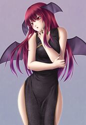  1girl bad_id bat_wings china_dress chinadress chinese_clothes demon_girl female head_wings koakuma long_hair mochi.f nail_polish red_eyes red_hair redhead side_slit solo standing the_embodiment_of_scarlet_devil touhou wide_hips wings 