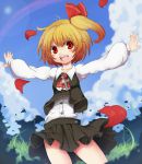  ahoge ascot blonde_hair bow cross fang hair_bow jewelry mondo outstretched_arms pendant red_eyes rumia side_ponytail skirt solo spread_arms the_embodiment_of_scarlet_devil touhou youkai 