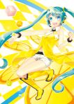  aqua_eyes aqua_hair bad_id boots bracelet checkered checkered_background hatsune_miku headset jewelry knee_boots long_hair navel navel_cutout open_mouth project_diva project_diva_2nd renta shorts solo twintails very_long_hair vocaloid yellow yellow_(vocaloid) 