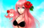  bikini black_eyes blue_eyes close flower front-tie_top hibiscus highres long_hair megurine_luka pink_hair sasaki_ryou swimsuit takoluka vocaloid 