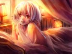  :d bed edobox elf hands_together lying naked_sheet nude on_stomach open_mouth orange_eyes original pixiv_fantasia pixiv_fantasia_2 pointy_ears red_eyes short_hair silver_hair smile solo under_covers 