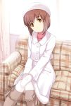  boots brown_eyes brown_hair chair couch gloves hagiwara_yukiho hat head_tilt idolmaster mittens onion_(artist) open_mouth pantyhose short_hair sitting 