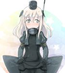  1girl black_dress black_legwear blonde_hair blue_eyes blush covered_navel cropped_jacket dress dress_lift engiyoshi garrison_cap hat honeycomb_background kantai_collection long_hair long_sleeves looking_away military military_uniform pale_skin pantyhose puffy_long_sleeves puffy_sleeves solo star u-511_(kantai_collection) uniform 