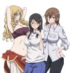  3girls armpits arms_behind_head bandeau bb black_hair blonde_hair blue_eyes blush breasts brown_eyes brown_hair cleavage dress_shirt embarrassed frown fukiyose_seiri grey_eyes gym_uniform hair_over_one_eye hand_on_hip hips large_breasts long_hair lowleg midriff misaka_misuzu mound_of_venus multiple_girls navel oriana_thompson pants pose ringlets sarong shirt short_hair shorts simple_background skirt sleeves_rolled_up smile standing taut_shirt to_aru_majutsu_no_index top touryou tubetop wink 