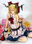  bad_id bespectacled blonde_hair bow chain chains cup flower glasses hair_bow horns ibuki_suika long_hair nuvo0909 solo touhou wine_glass yellow_eyes 