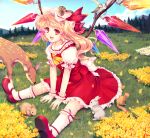  ascot bird blonde_hair bunny cetera deer flandre_scarlet flower grass happy hat highres looking_at_viewer mary_janes mountain multicolored_eyes nature open_mouth orange_eyes rabbit shoes short_hair side_ponytail sitting sky smile solo squirrel the_embodiment_of_scarlet_devil touhou wings yellow_eyes 