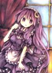  alternate_costume apron bad_id crescent enmaided hair_ornament highres long_hair maid maid_headdress open_mouth patchouli_knowledge purple_eyes purple_hair solo touhou very_long_hair violet_eyes waist_apron wiriam07 