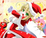  bag blonde_hair caster_(fate/extra) christmas fate/extra fate/stay_night fate_(series) green_eyes hat hisame_genta petals saber_extra santa_costume santa_hat smile 