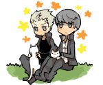  cat chibi flower grey_eyes grey_hair multiple_boys narukami_yuu persona persona_4 seta_souji sitting tarako_supa tatsumi_kanji 