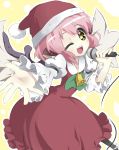  animal_ears bell christmas dress hat highres microphone mystia_lorelei open_mouth outstretched_hand pink_hair santa_costume santa_hat short_hair singing solo touhou urimono wings wink yellow_eyes 