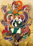  black_legwear black_thighhighs braid chinese_clothes dragon eastern_dragon ex-meiling fighting_stance highres hong_meiling open_mouth red_eyes red_hair short_hair solo thigh-highs thighhighs touhou tsurui 