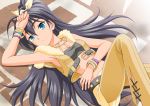  aqua_eyes arm_up armpits beyond_the_vibes black_hair bracelet ganaha_hibiki hand_on_forehead idolmaster jewelry live_for_venus long_hair lying midriff nokia_(harusion) on_back project_fairy solo tubetop vest 