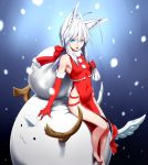  blue_eyes china_dress chinese_clothes christmas fox_ears highres kenntairui kentairui long_hair mitsuha_(kenntairui) original silver_hair snowman solo wolf_ears 