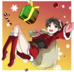  black_eyes black_hair candy_cane falling gift idolmaster kikuchi_makoto minazuki_randoseru mittens oudanhodou sack santa_costume short_hair snowflakes 