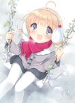  :d ahoge bad_id blonde_hair blue_eyes blush bow coat earmuffs from_above looking_up open_mouth original pan_(mimi) pantyhose pleated_skirt scarf short_hair sitting skirt smile snow solo swing tights white_legwear white_pantyhose winter 