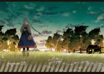  birds boots braid clouds dress female fence grass hairband highres house landscape letterboxed long_hair looking_at_viewer original purse satchel shimetta_oshime sky snow solo sweater tree twilight twin_braids twintails white_hair 