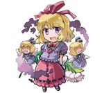  :d blonde_hair chibi doll dress flower lily_of_the_valley lowres medicine_melancholy open_mouth purple_eyes short_hair smile smoke solo tako_(plastic_protein) touhou violet_eyes 