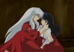 1girl animal_ears anime_coloring couple dark dog_ears hair_grab hand_on_another's_cheek hand_on_another's_face hand_on_cheek higurashi_kagome inuyasha inuyasha_(character) japanese_clothes koigoromo long_hair miko official_style profile 