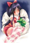  christmas dress highres long_hair lucky_star nyanmilla ponytail red_eyes sack santa_costume striped striped_legwear striped_thighhighs thigh-highs thighhighs wakase_izumi 