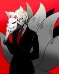  androgynous animal_ears chikage_(kinokodou) formal fox fox_ears fox_mask fox_tail gloves mask multiple_tails necktie no_hat no_headwear pant_suit red_eyes serious short_hair solo suit tail touhou yakumo_ran 