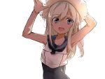  1girl :d armpits blonde_hair blue_eyes hat highres holding holding_hat kantai_collection looking_at_viewer one-piece_swimsuit open_mouth ro-500_(kantai_collection) school_uniform serafuku smile straw_hat swimsuit swimsuit_under_clothes u-511_(kantai_collection) 