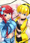  blonde_hair blue_eyes breast_press breasts fuuro_(pokemon) gym_leader headphones kamitsure_(pokemon) kiyoko3sai large_breasts long_hair midriff multiple_girls pantyhose pokemon pokemon_(game) pokemon_black_and_white pokemon_bw red_hair redhead short_hair 