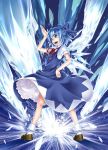  &gt;:) &gt;:d :d blue_eyes blue_hair bobby_socks bow cirno dress from_behind hair_bow hair_ribbon hand_on_hip ice kitano_tomotoshi open_mouth petticoat ribbon short_hair smile socks solo standing touhou turning waving wings 