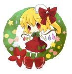  blonde_hair blush bow chibi christmas dress flandre_scarlet flower red_eyes side_ponytail solo takahashi_kanon touhou wings wreath 