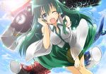  :d bent_over blue_eyes detached_sleeves frog from_below green_hair hair_ornament kochiya_sanae leaning_forward lens_flare long_hair open_mouth sky smile snake solo toichi touhou wink 