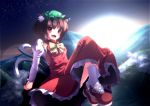 absurdres animal_ears bowtie brown_eyes brown_hair cat_ears cat_tail chen earrings flying highres jewelry landscape multiple_tails open_mouth ryosios shoes short_hair sky socks solo sunlight tail touhou white_legwear 