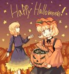  aki_minoriko aki_shizuha blonde_hair gradient gradient_background halloween happy_halloween jack-o'-lantern multiple_girls orange_background pumpkin purple_background short_hair siblings sisters star tako_(plastic_protein) touhou 