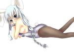  animal_ears bare_shoulders black_eyes blush braid breasts bunny_ears bunny_girl bunny_tail bunnysuit highres kemonomimi_mode large_breasts long_hair lying on_stomach pantyhose sideboob silver_hair solo tail taupe_pantyhose touhou type_(artist) yagokoro_eirin 