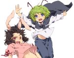  animal_ears antennae arms_up bad_id black_hair blue_eyes bunny_ears green_hair inaba_tewi lowres multiple_girls navel on_(snow77) open_mouth outstretched_arms red_eyes short_hair spread_arms touhou wriggle_nightbug 