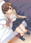  bed black_kneehighs black_legwear blue_bra blush bra brown_eyes brown_hair flower hair_flower hair_ornament kneehighs lingerie misaka_mikoto nakajima_yuka open_clothes plaid short_hair shorts sitting skirt skirt_pull solo to_aru_kagaku_no_railgun to_aru_majutsu_no_index underwear 