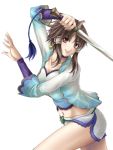  1girl brown_hair chai_xianghua chinese_clothes closed_mouth collarbone earrings hair_ornament hair_tubes holding holding_sword holding_weapon jewelry looking_at_viewer midriff mochi.f navel red_eyes short_hair short_shorts shorts simple_background solo soul_calibur soulcalibur sword weapon white_background xianghua 