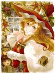  blonde_hair christmas gift hakurei_reimu hat hat_ribbon keiko_(mitakarawa) kirisame_marisa ribbon santa_costume touhou traditional_media window witch witch_hat yellow_eyes 