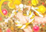  blonde_hair boots breasts brown_background cure_sunshine dress floral_background heart heartcatch_precure! long_hair magical_girl midriff mound_of_venus myoudouin_itsuki navel precure skirt smile solaris solo sparkle twintails under_boob underboob yellow yellow_dress yellow_eyes 