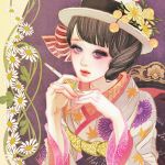  floral_print flower hair_flower hair_ornament japanese_clothes kimono matsuo_hiromi original pen solo 